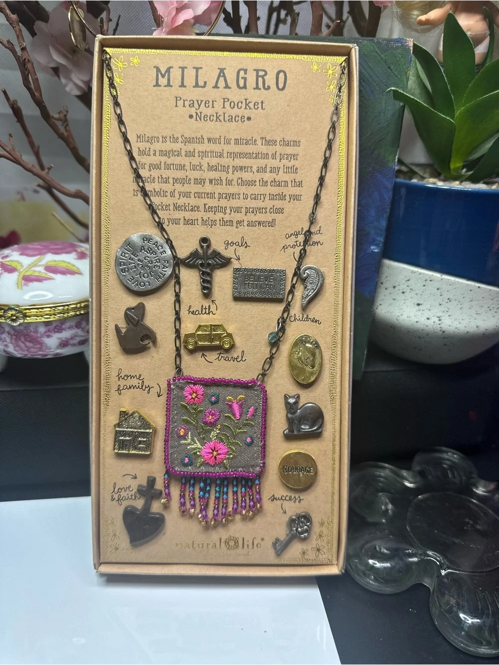 NATURAL LIFE Embroidered Floral Prayer Pocket Necklace – Pink, Green, Gold